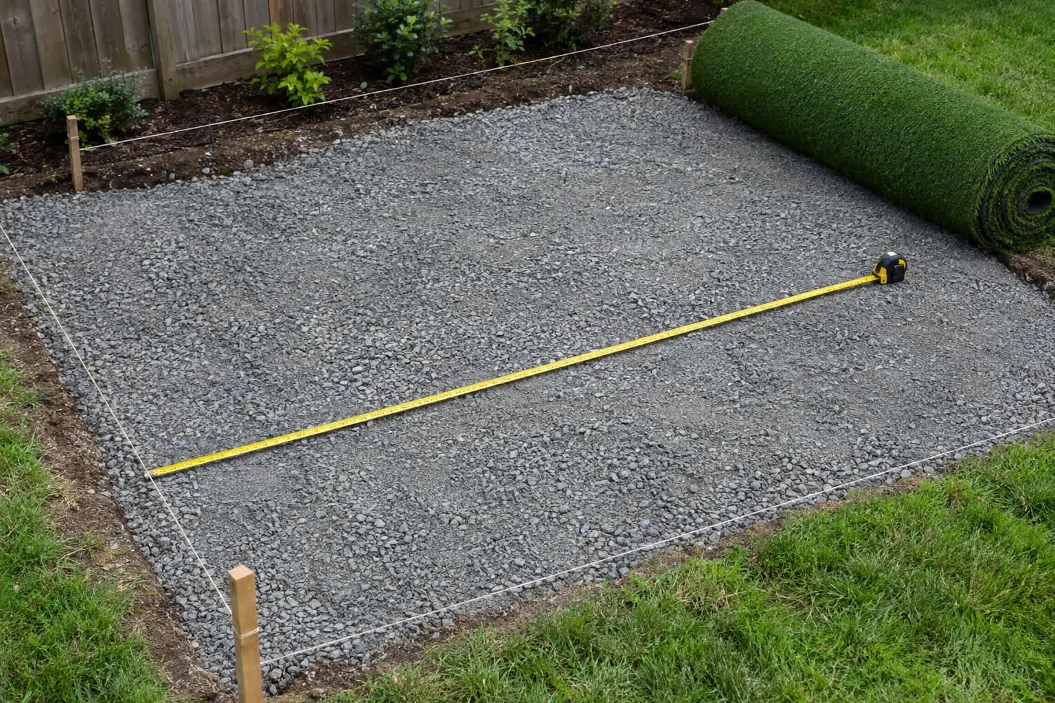 A tape measure stretched across a prepared gravel base next to a roll of turf