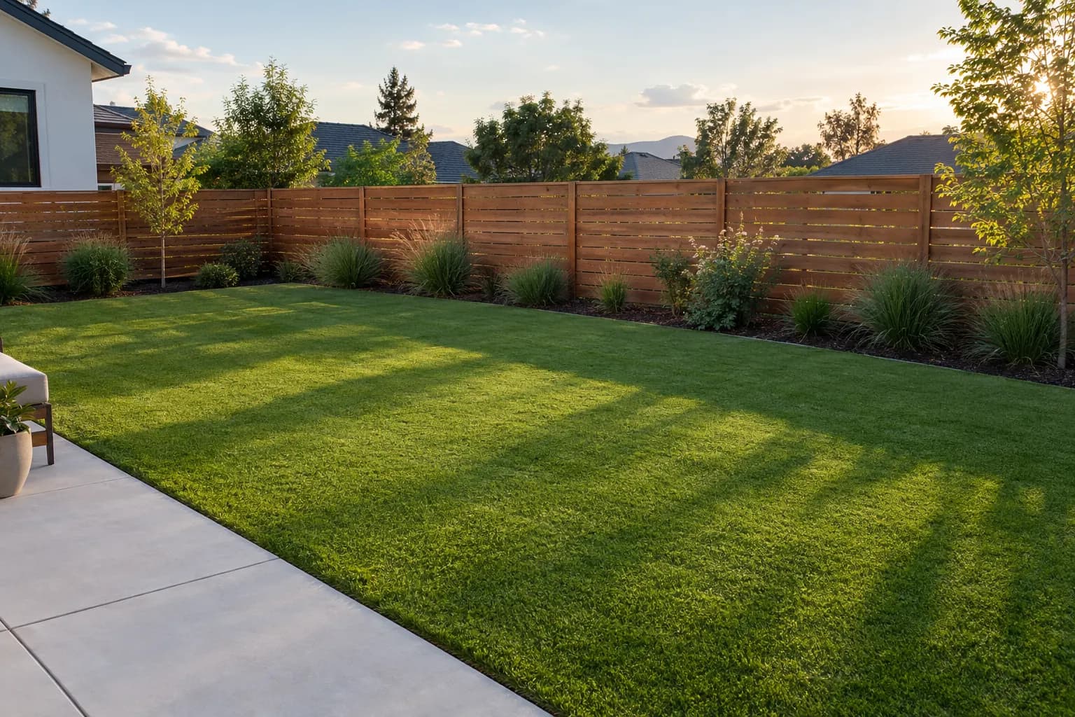 A backyard with an even green artificial lawn in late afternoon sun