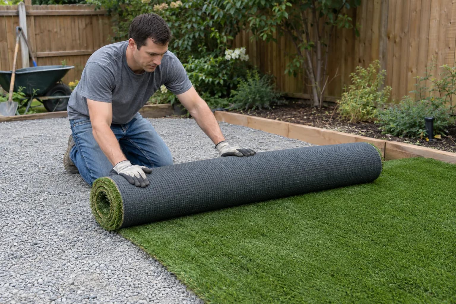 A man unrolling artificial turf over a compacted gravel base