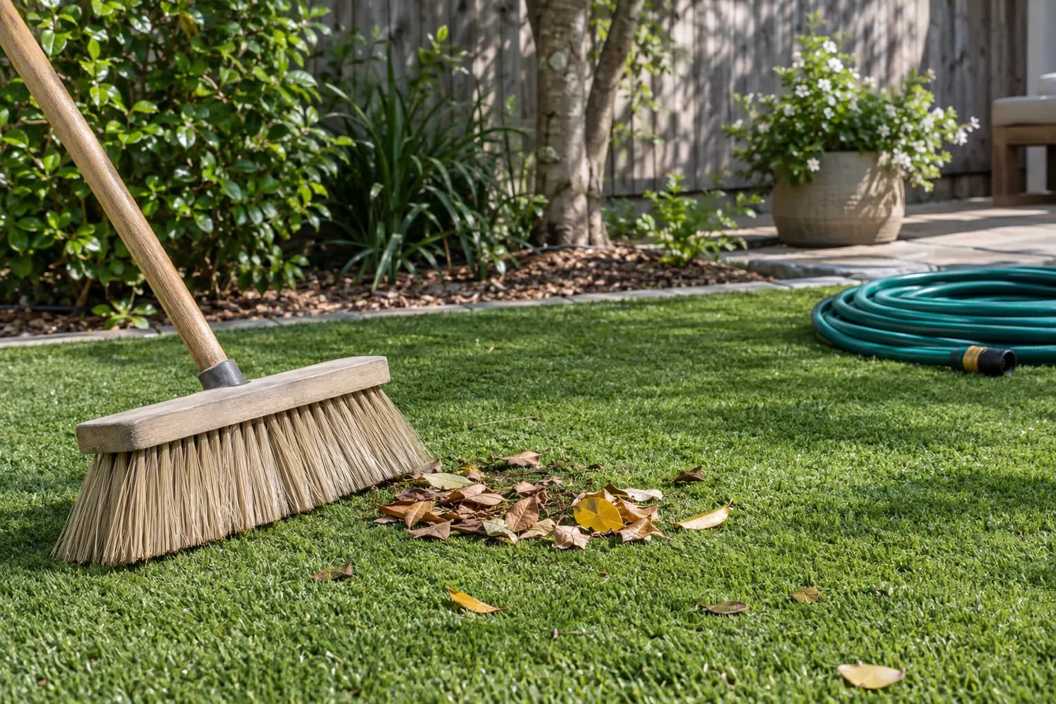 A push broom brushing up the blades of an artificial lawn